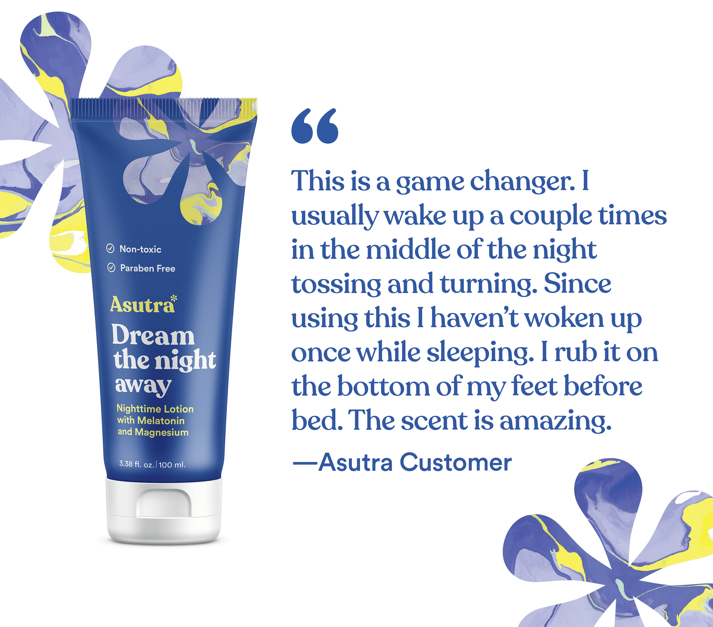 Front of a tube of Dream the Night Away lotion alongside a customer review praising its effectiveness in improving sleep quality.