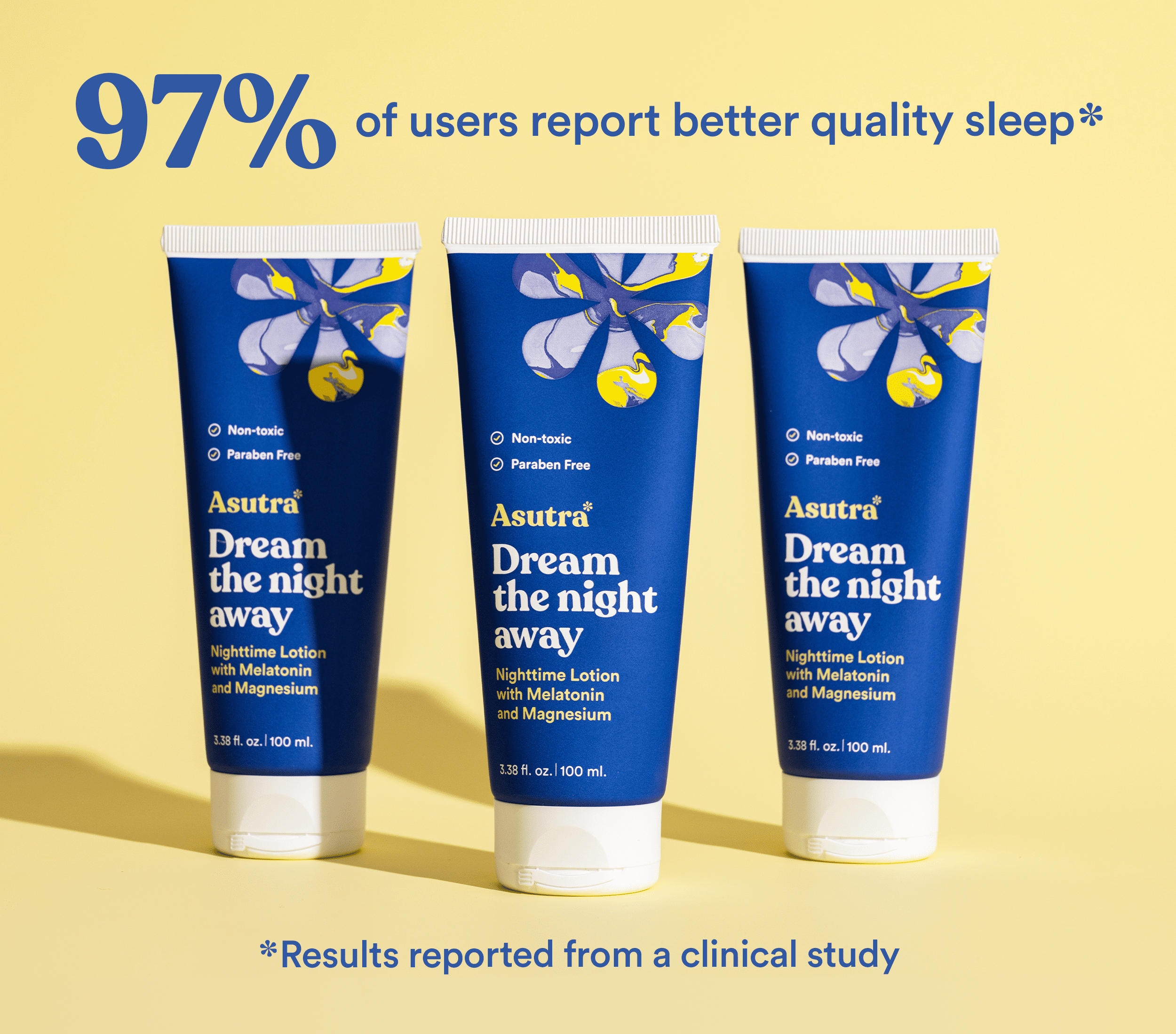 Three tubes of Asutra Dream the Night Away lotion, with text stating that 97% of users report better quality sleep.