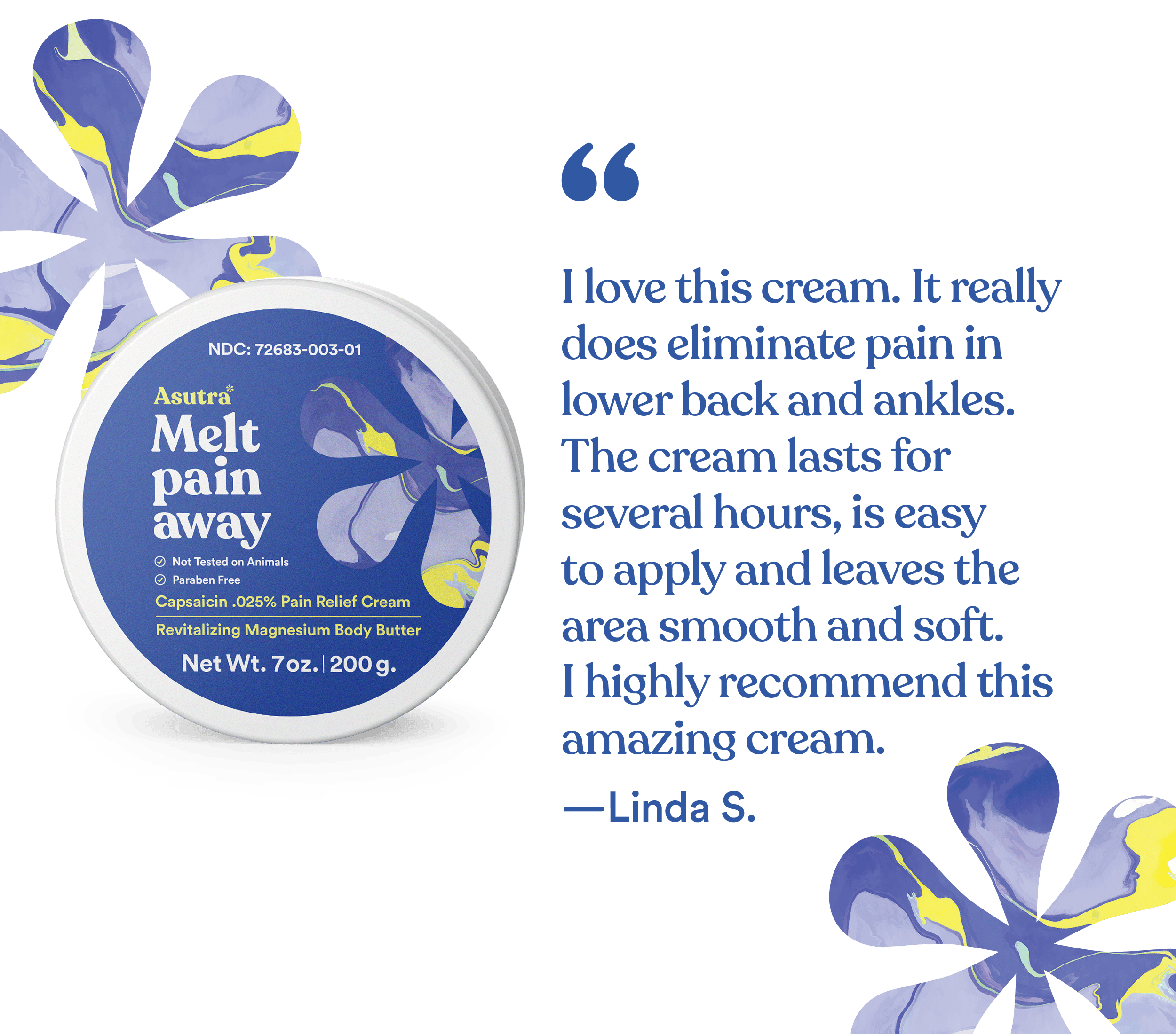 The top of a jar of Asutra Melt Pain Away magnesium body butter alongside a customer review praising its pain-relieving effects on the back and ankles.