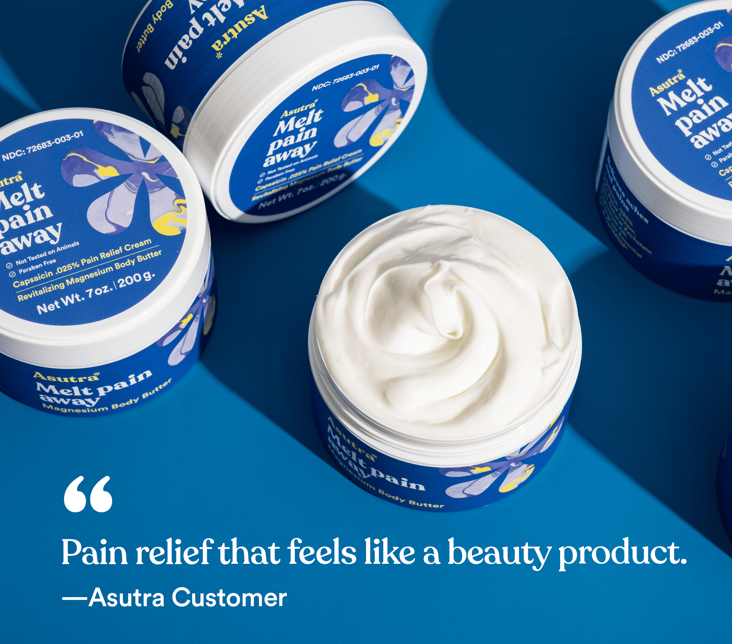 Several jars of Asutra Melt Pain Away body butter, with one open, alongside a customer quote praising it as "pain relief that feels like a beauty product."