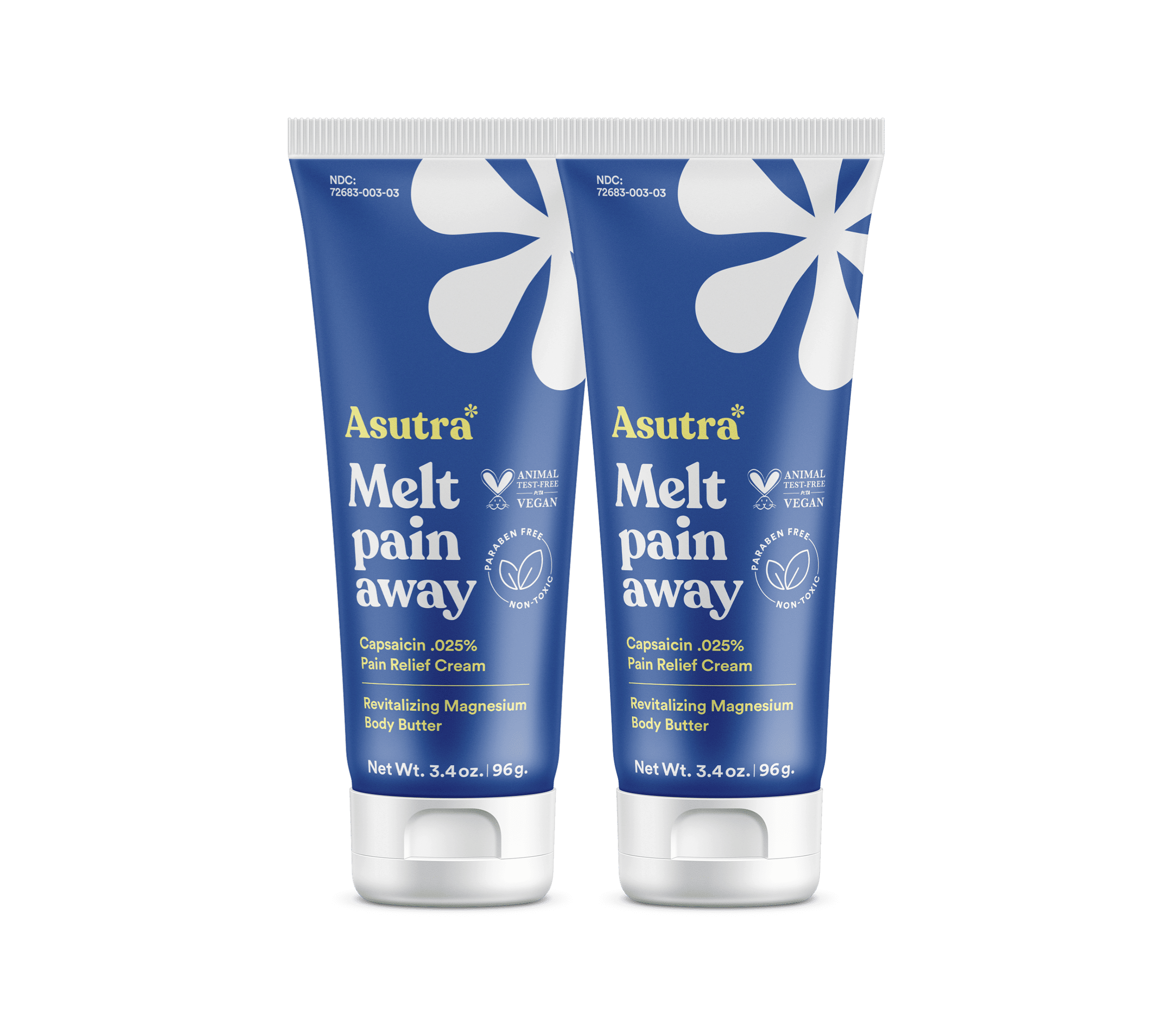 Two tubes of Asutra Melt Pain Away Body Butter, featuring a calming design, for pain relief and magnesium benefits.