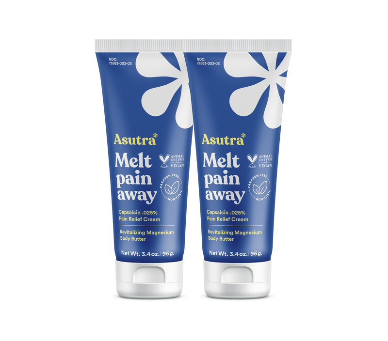 Two tubes of Asutra Melt Pain Away Body Butter, featuring a calming design, for pain relief and magnesium benefits.
