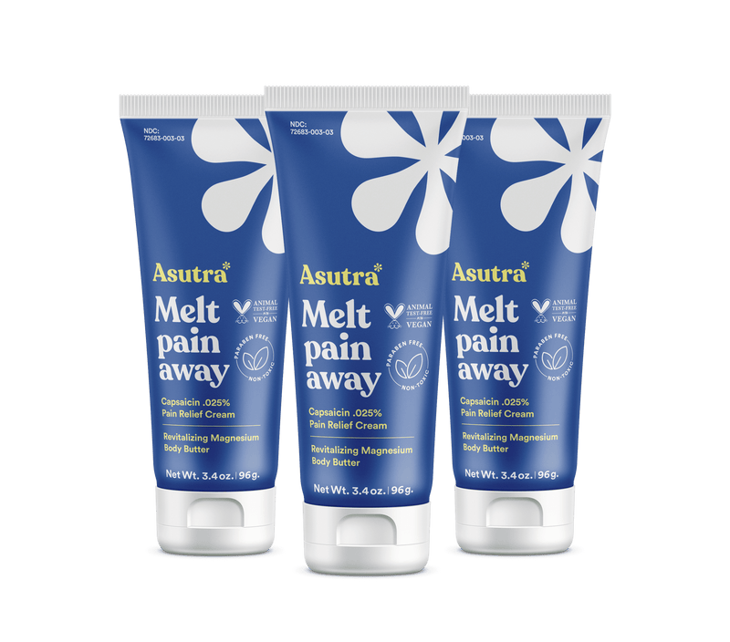 Three tubes of Asutra Melt Pain Away Body Butter, a magnesium-infused pain relief cream for soothing discomfort.