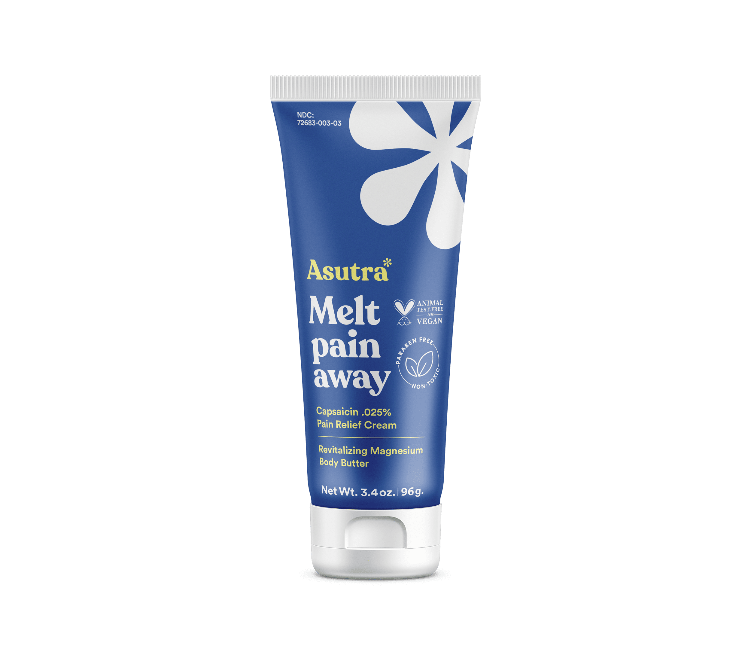 Asutra Melt Pain Away Body Butter tube, featuring a blue design, promotes pain relief with magnesium and capsaicin.