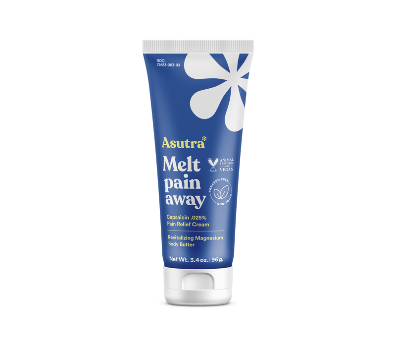 Asutra Melt Pain Away Body Butter tube, featuring a blue design, promotes pain relief with magnesium and capsaicin.