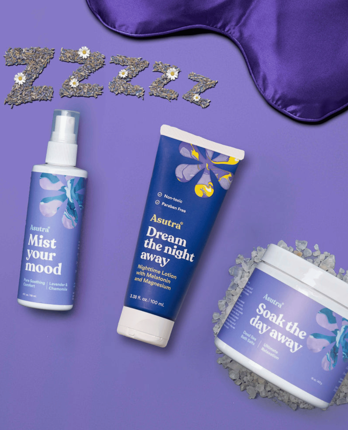 Nighttime self-care products a spray, lotion, bath salts, a sleep mask and "Zzz" spelled in lavender flowers.