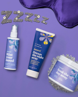 Nighttime self-care products a spray, lotion, bath salts, a sleep mask and "Zzz" spelled in lavender flowers.