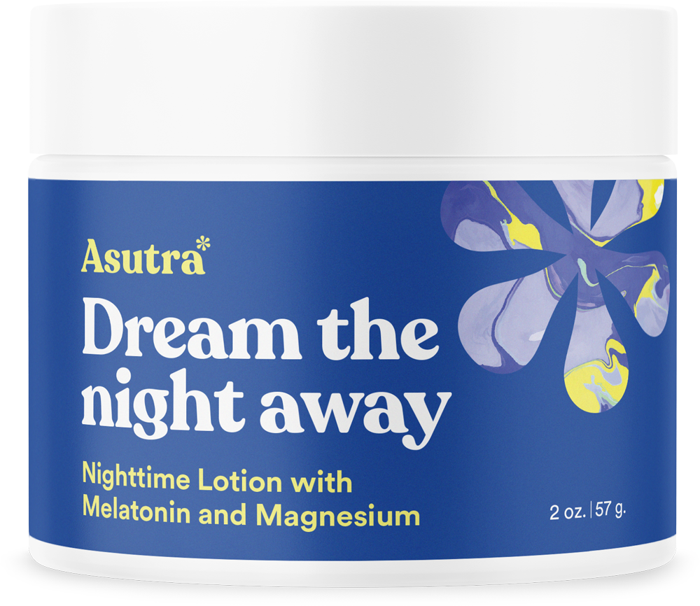 A 2 oz. jar of Asutra Dream the Night Away nighttime lotion with melatonin and magnesium, featuring a blue label with purple and yellow floral design.
