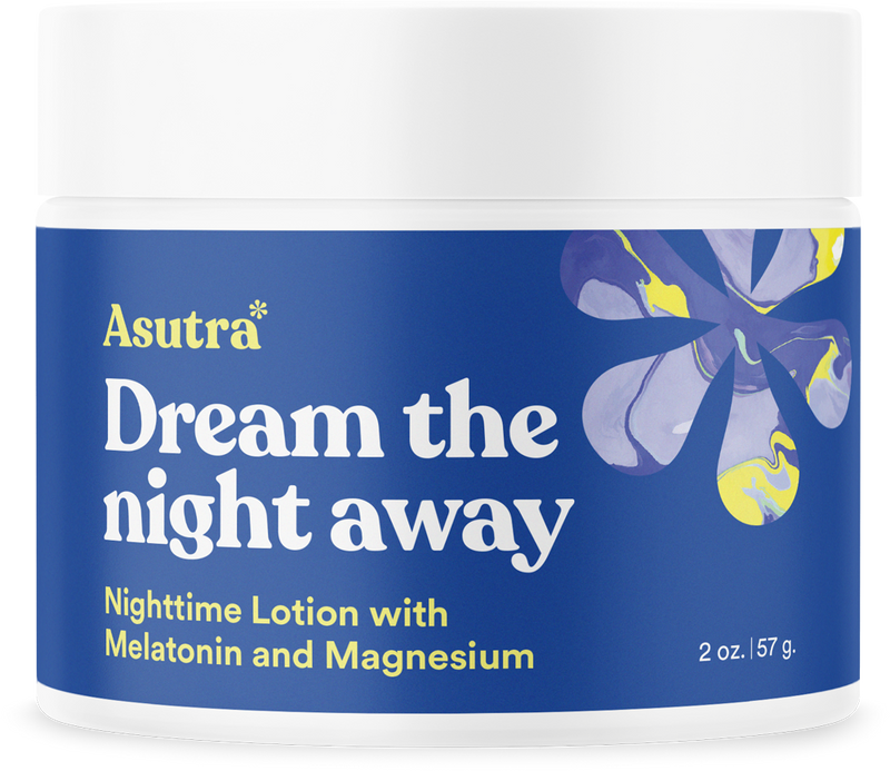 A 2 oz. jar of Asutra Dream the Night Away nighttime lotion with melatonin and magnesium, featuring a blue label with purple and yellow floral design.