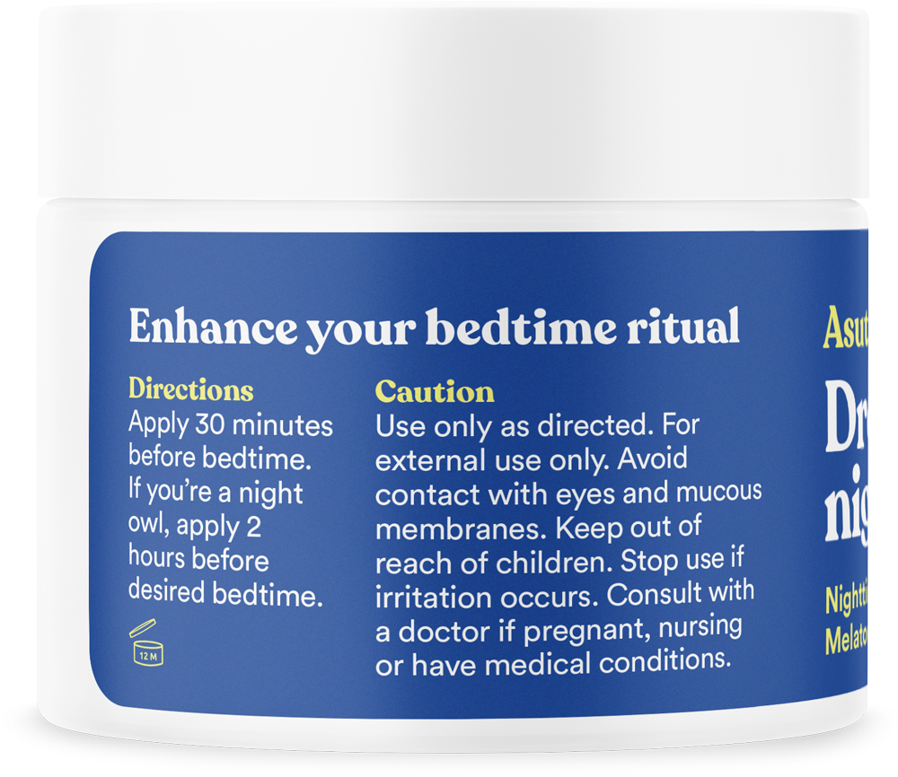 Melatonin lotion with magnesium in a 2 oz. container, designed to enhance bedtime routine with directions and caution info.