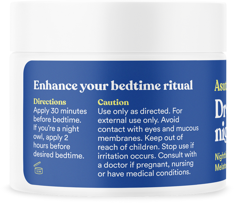 Melatonin lotion with magnesium in a 2 oz. container, designed to enhance bedtime routine with directions and caution info.