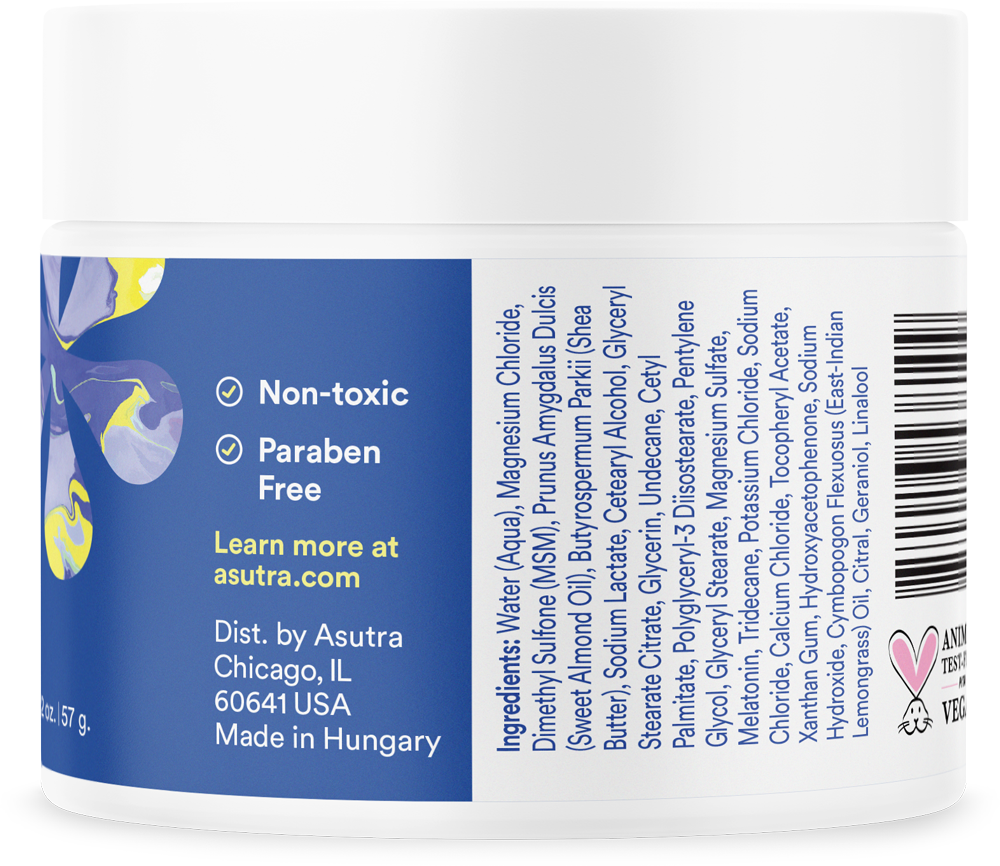 White jar of melatonin lotion with magnesium, 2 oz., label highlights non-toxic, paraben-free, ingredients list, and brand info.