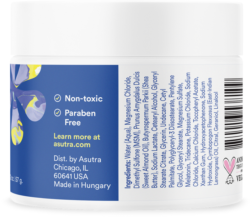 White jar of melatonin lotion with magnesium, 2 oz., label highlights non-toxic, paraben-free, ingredients list, and brand info.